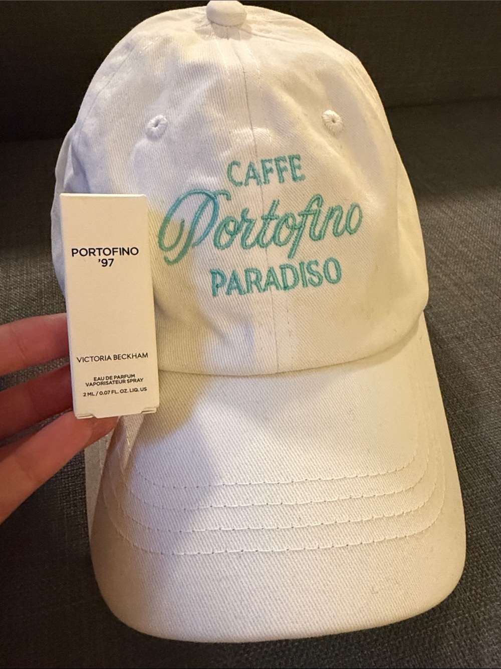 Portofino Paradiso Embroidered Baseball Cap bundle parfum- White with Teal